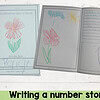 homeschool nature math curriculum Child's handwritten storybook about writing a number story, featuring colorful crayon drawings of flowers and a sun.