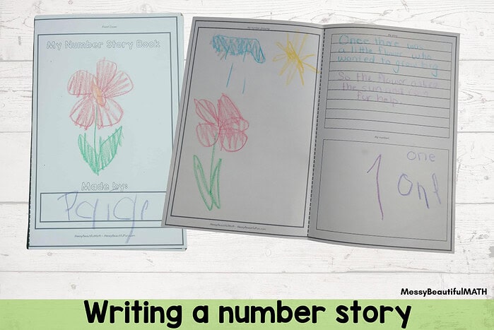 homeschool nature math curriculum Child's handwritten storybook about writing a number story, featuring colorful crayon drawings of flowers and a sun.