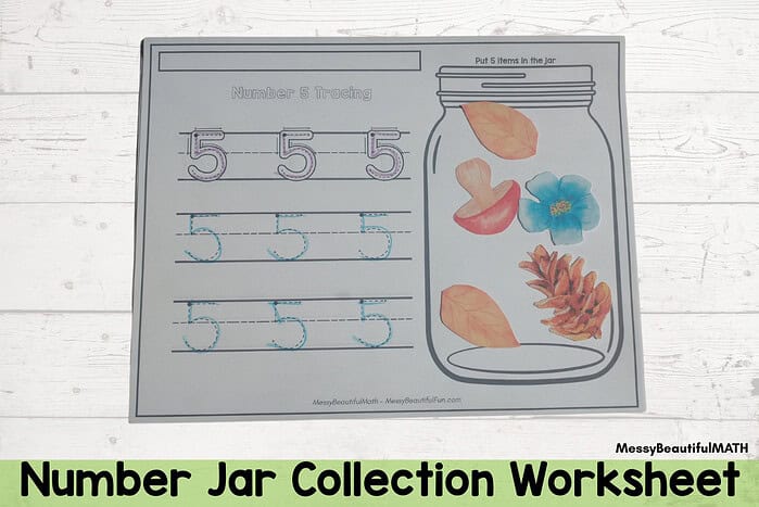 homeschool prek Number jar collection worksheet for preschoolers with colorful flower and leaf cutouts for counting practice.