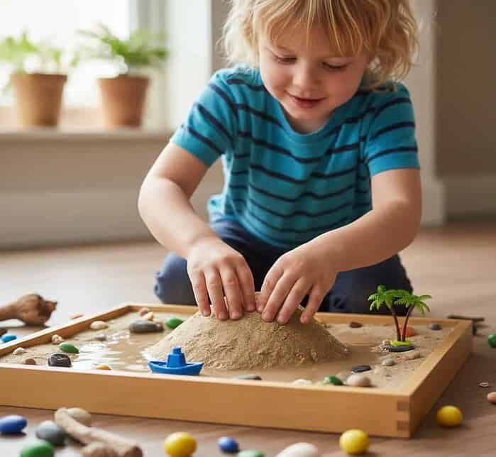 Kids Playing with Sand Table for Learning Young boy engaging in educational play with a sand table, surrounded by small toys and a miniature palm tree, in a bright home setting.