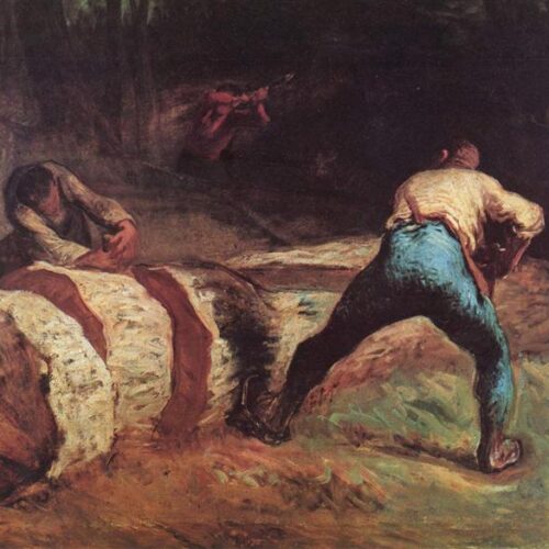 Classic oil painting depicting two children working outdoors, one pulling a large rock and the other sitting nearby, emphasizing traditional manual labor and rural life scenes.