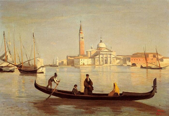 venice-gondola-on-grand-canal.jpg!Large Classic Venetian gondola scene with three people on water, historic cityscape with domed church and bell tower in background, capturing traditional Italian maritime life.