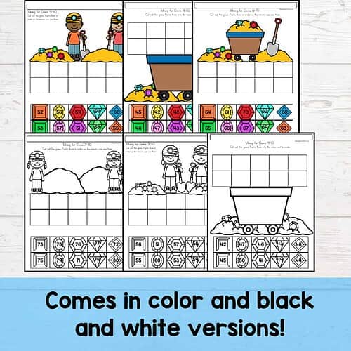 Educational math activity sheets for homeschool, featuring colorful and black-and-white versions of counting and sorting exercises.