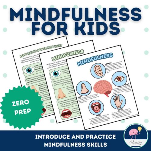 Mindfulness for Kids Educational Resources Kids mindfulness activity sheets with eye, nose, brain, tongue, and hand illustrations for teaching mindfulness skills.