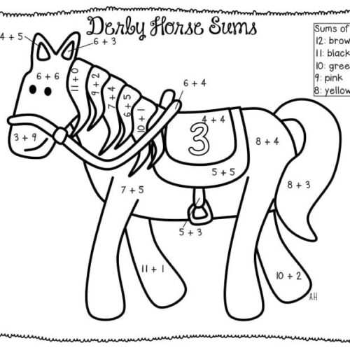 Educational horse coloring page with simple math problems for homeschool learning, featuring a horse with numbered sections and a color key.