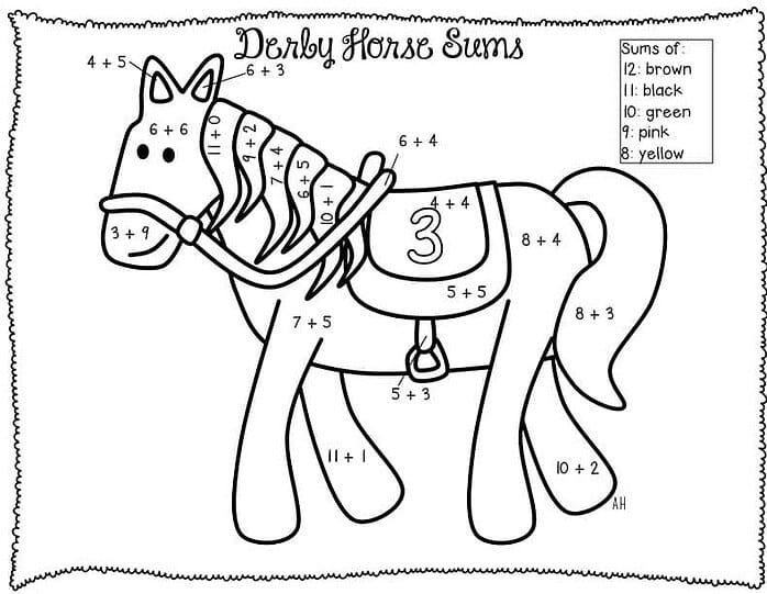 Homeschool Horse Stamps Coloring Page Educational horse coloring page with simple math problems for homeschool learning, featuring a horse with numbered sections and a color key.
