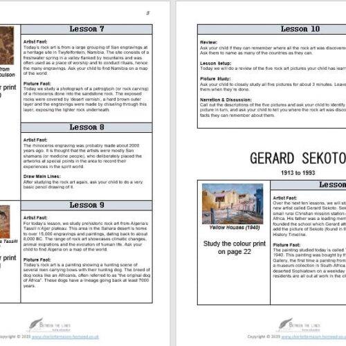 Image of Gerard Sekoto's artwork with a study guide page, highlighting lessons about his life and paintings for homeschooling.