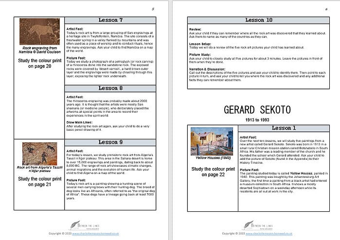 Gerard Sekoto - Homeschool Resource Co. Image of Gerard Sekoto's artwork with a study guide page, highlighting lessons about his life and paintings for homeschooling.