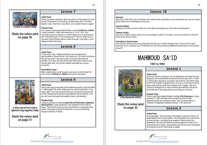 Homeschool Resource Co. Art Lessons Overview Educational art lesson pages from Homeschool Resource Co. featuring various art projects and artist facts for homeschooling students.