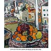 Still Life of Fruit with Spanish City View Colorful still life painting of assorted fruits on a table with a vibrant cityscape in the background, capturing a lively and artistic scene.