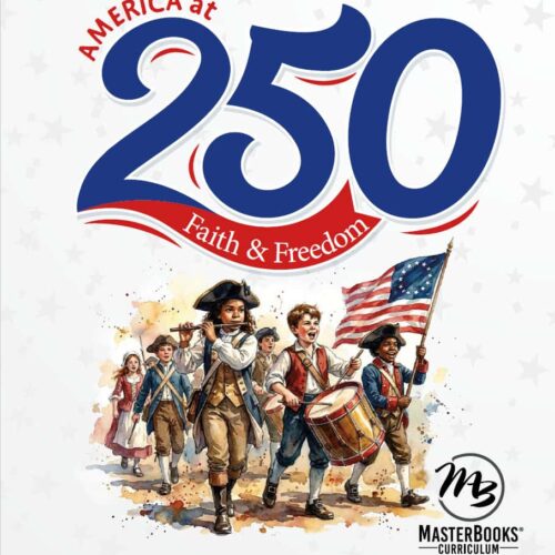 America at 250: Faith & Freedom Illustration of children dressed as American colonists marching with a flag and drum, celebrating 250 years of American history and values.
