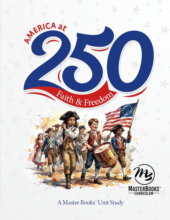 America at 250: Faith & Freedom Illustration of children dressed as American colonists marching with a flag and drum, celebrating 250 years of American history and values.