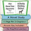 Dead Sea Squirrels #8 A Dusty Donkey Detour Educational book cover for 'The Dead Sea Squirrels Book 8: A Dusty Donkey Detour' featuring colorful stacked books and a cartoon donkey.
