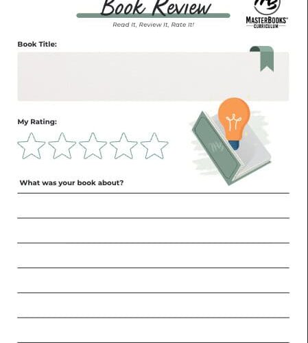 Homeschool resource book review form with space for title, rating, and comments, featuring a lightbulb and book illustration.