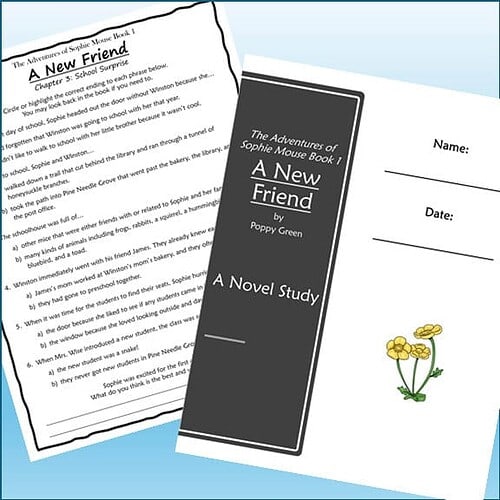 Homeschool resource worksheet featuring a book cover titled 'A New Friend' and a simple flower drawing, ideal for homeschooling activities.
