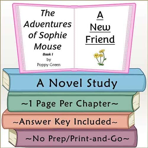Children's educational book titled 'The Adventures of Sophie Mouse' by Poppy Green, featuring colorful illustrations and a stack of books with study notes.