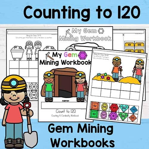 Homeschool resource featuring gem mining workbooks for children to practice counting to 120 with engaging activities.