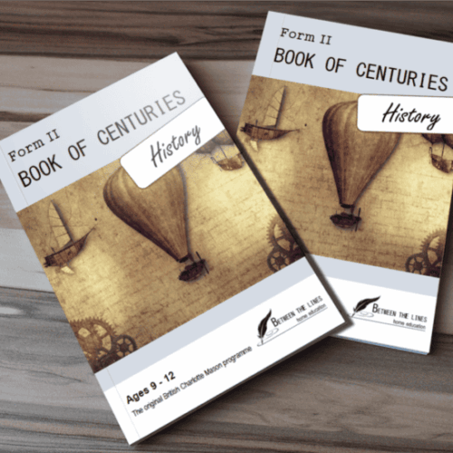 Homeschool history curriculum book covers featuring vintage hot air balloon illustrations for ages 9-12.
