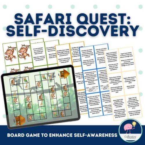 Safari Quest self-discovery board game for homeschool learning, featuring colorful cards and interactive activities to promote self-awareness in children.