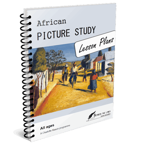 cropped-AfricanPictureStudy.png African picture study lesson plans book for homeschool, featuring colorful village scene with children and houses.