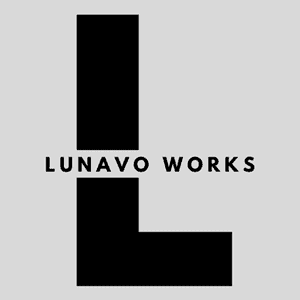Lunavo Works logo featuring a large black letter L with the text 'Lunavo Works' in bold black font.