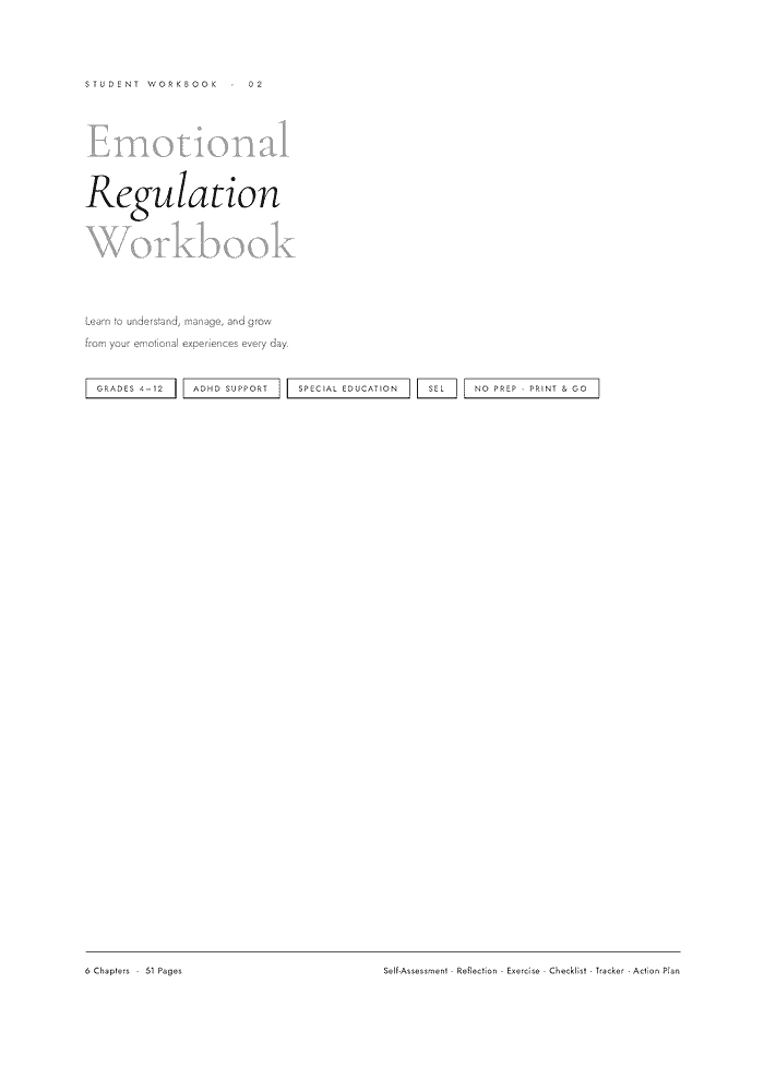 page-01 Cover of Emotional Regulation Workbook for grades 4-12, focusing on understanding and managing emotions for students with special needs.