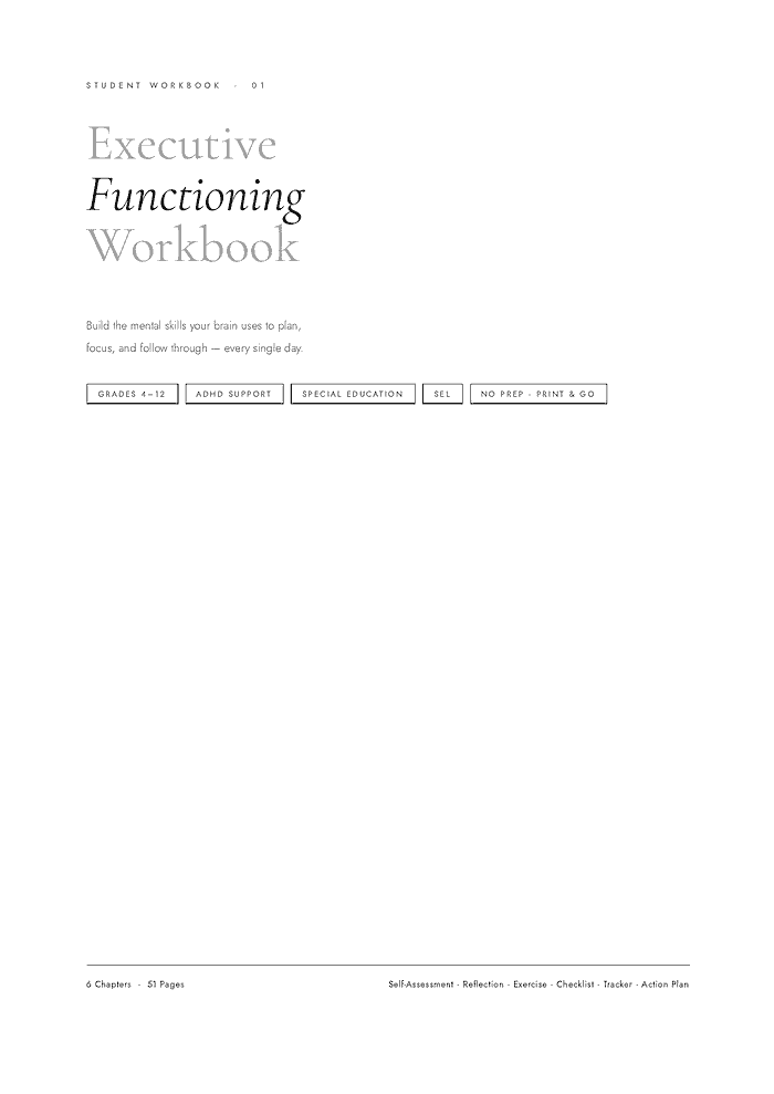 Homeschool Resource Co. Educational Workbook Cover of an educational workbook titled 'Executive Functioning Workbook' for homeschool students, focusing on mental skills development.