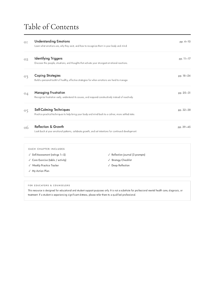 page-02 Homeschool Resource Co. educational worksheet on understanding emotions, managing frustration, and self-calming techniques for homeschooling families.