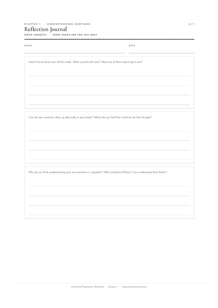 page-06 Homeschool Resource Co. reflection journal page for understanding emotions, with prompts for feelings, physical sensations, and insights.