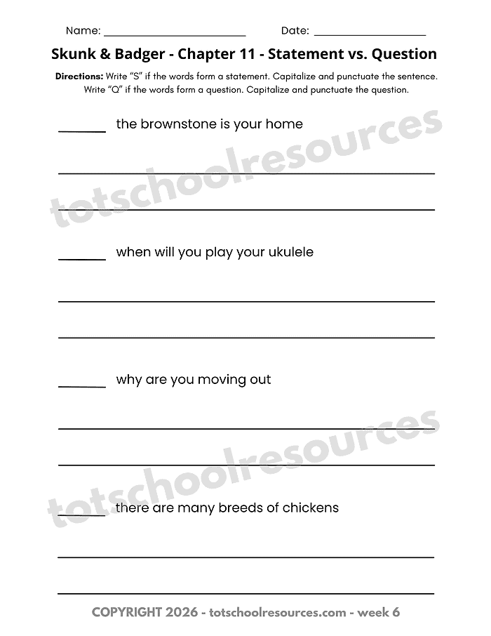 Homeschool Resource Co. Educational Image Educational image from Homeschool Resource Co. featuring questions about the brownstone, ukulele, moving out, and chickens.