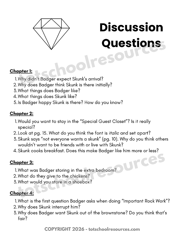 Discussion Questions for Homeschool Resources Discussion questions for homeschooling about Badger and Skunk characters, their behaviors, and daily routines.