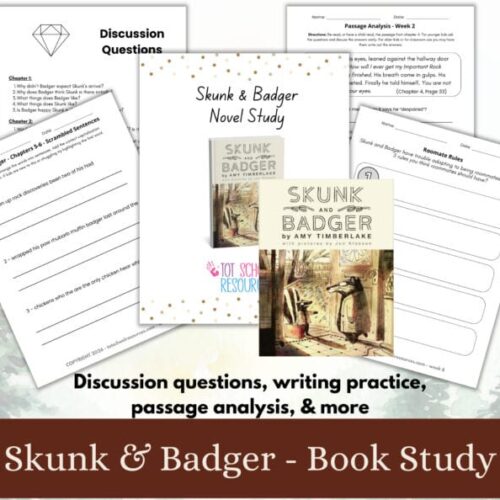 Skunk and Badger book study materials for homeschool, including discussion questions and passage analysis.