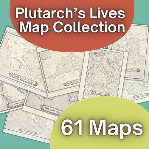 Collection of historical maps from Plutarch's Lives, featuring 61 detailed maps for educational use.