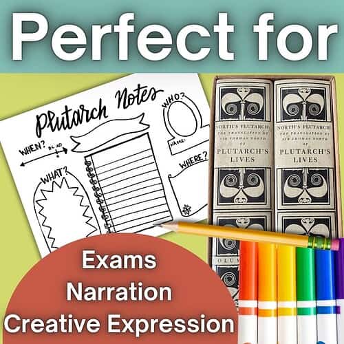 Homeschool Resource Co. Educational Supplies Educational supplies including notebooks, colorful markers, and vintage book covers for homeschooling activities.