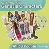 Color Your Own Genesis Characters Coloring page featuring all 53 Genesis characters from the Bible, including Adam, Eve, Noah, and others, with a tree and snake in the background.