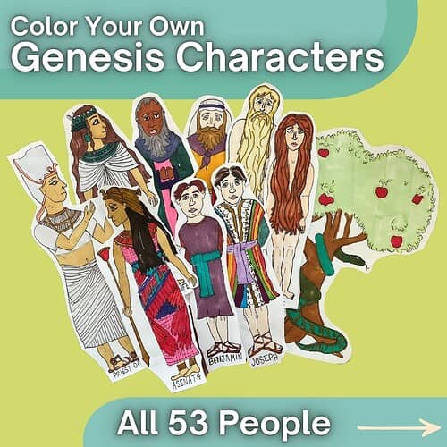 Color Your Own Genesis Characters Coloring page featuring all 53 Genesis characters from the Bible, including Adam, Eve, Noah, and others, with a tree and snake in the background.