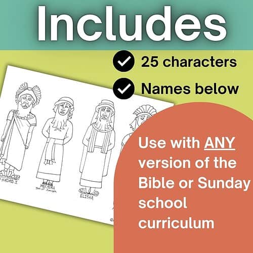 Homeschool resource includes Bible character coloring pages for Sunday school or curriculum use.