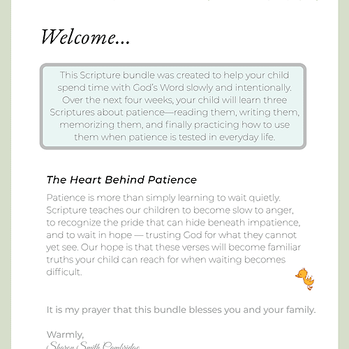 Homeschool resource page featuring scripture and patience theme with decorative ducks and gentle colors.