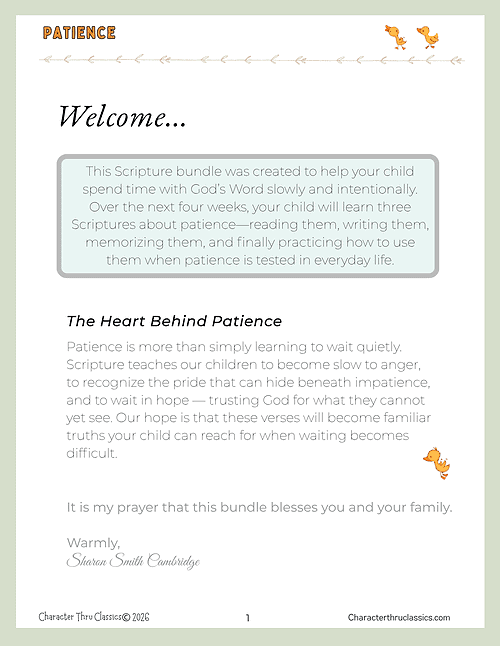 2 Homeschool resource page featuring scripture and patience theme with decorative ducks and gentle colors.