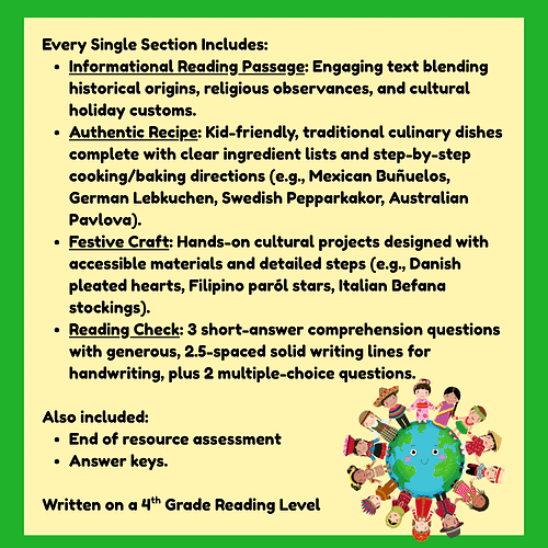 Homeschool Resource Co. Educational Material Educational homeschooling materials including reading passages, recipes, crafts, and assessments for 4th grade students.