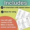 Homeschool Bible Coloring Pages Black and white printable Bible character coloring pages for homeschool use, suitable for any curriculum, with ideas for using them in lessons.