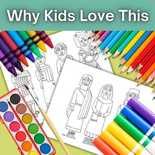 3 Kids' coloring activity with colored pencils, markers, and printable Bible character sheets for homeschooling fun.