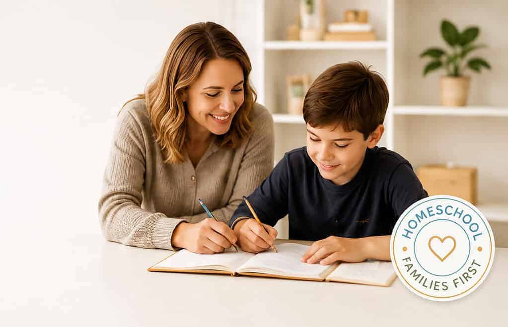 Mother and son studying together at home with open book, smiling and engaging in homeschooling activities.