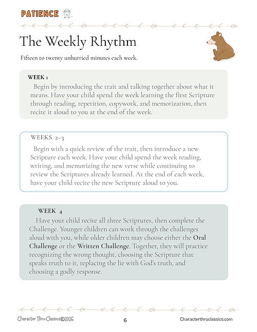 The Weekly Rhythm for Homeschooling Success Homeschool Weekly Rhythm chart showing weekly scripture reading, review, and challenge activities for effective homeschooling.