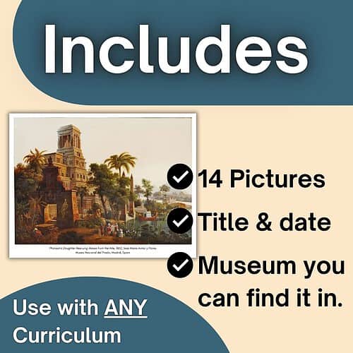 Educational resource from Homeschool Resource Co. includes 14 pictures, title, date, and museum info for curriculum use.
