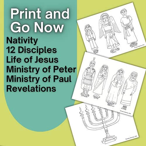 Printable Bible character coloring pages featuring the 12 Disciples and the life of Jesus for homeschooling activities.