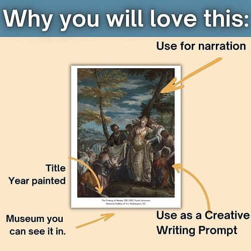 Homeschool Resource Co. Art Teaching Tool Educational art image showing a historical painting with annotations for narration, creative writing, and museum display.