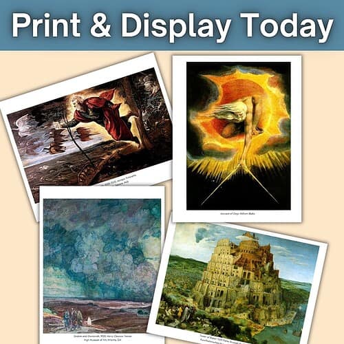 Print & Display Artworks for Homeschooling Collection of various art prints including a mythological scene, abstract painting, and a historical castle for educational display.