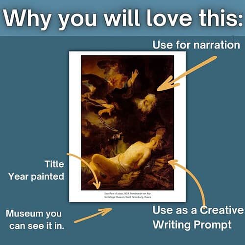 Homeschool Resource Co. Educational Image Educational image showing a classical painting with annotations for narration, creative writing, and museum viewing.