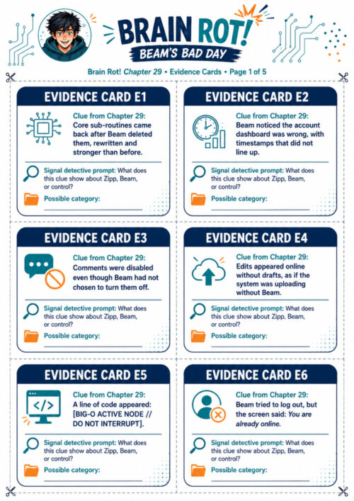 Activity Cards A printable activity page from Brain Rot! – Beam’s Bad Day featuring six illustrated “Evidence Cards.” Each card presents a clue from Chapter 29 about unusual activity on Beam’s account and asks students to investigate what it reveals about Zipp, Beam, or control. The cards use simple icons, short prompts, and space for students to categorize their evidence.